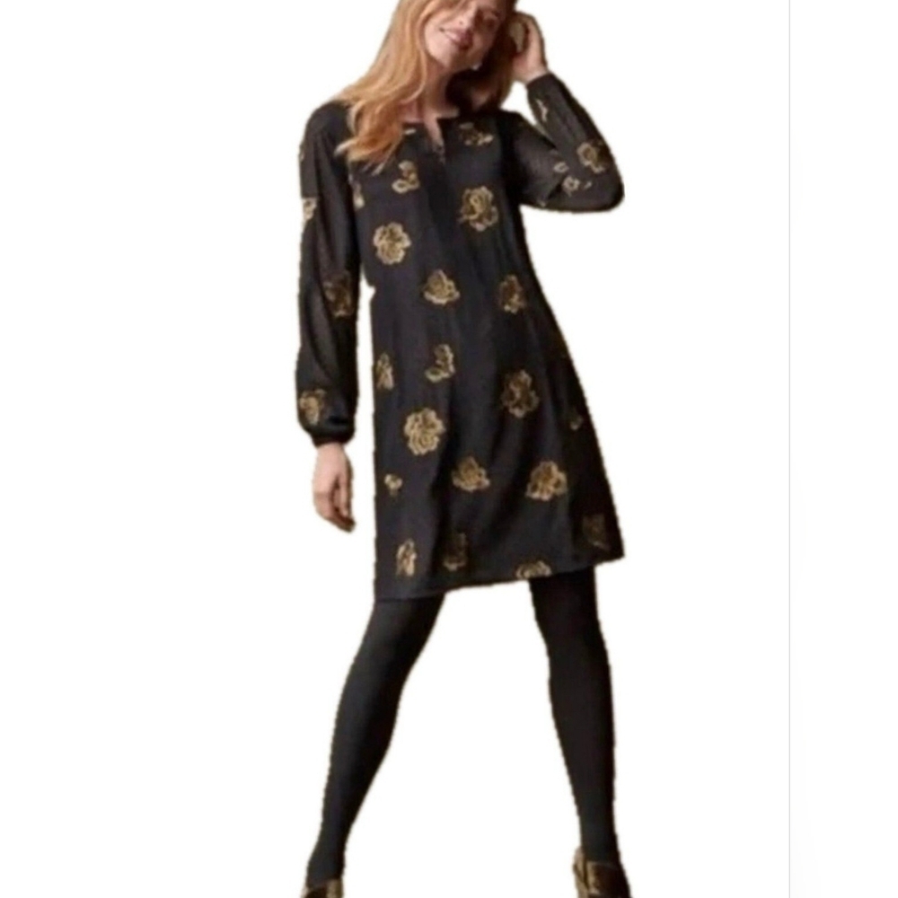 Cabi Black Swiss Dot Dress With Gold Embroidered Flowers Sz S